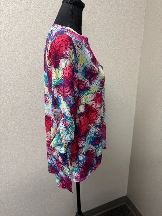 Fury Abstract Print Blouse V Neck Boho Top Pink Blue Multicolor Tunic Chic - Picture 6 of 8